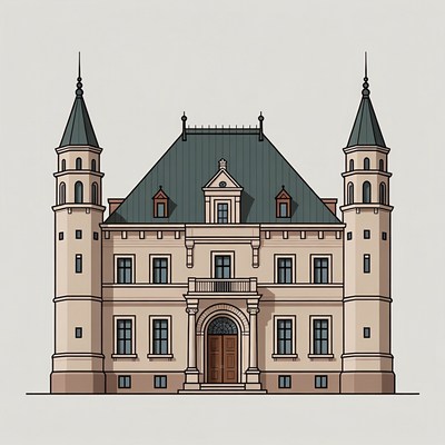 Grand Mansion with Towers Illustration