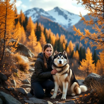 Woman kneeling with husky in autumn mountains