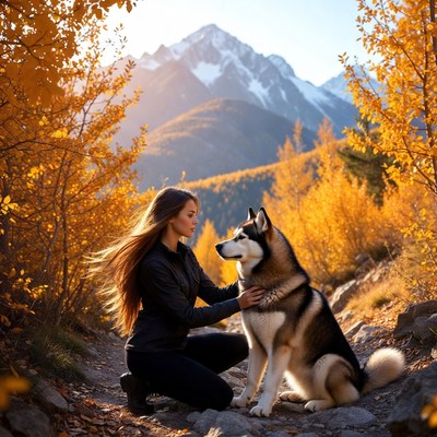 Woman petting husky in autumn mountains