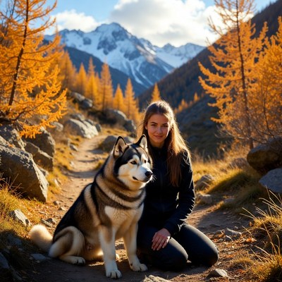 Woman with Siberian Husky in autumn mountains