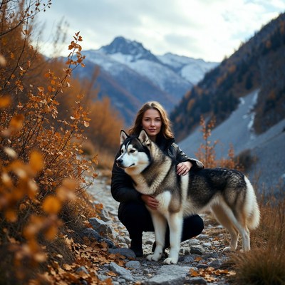 Woman hugging husky in autumn mountains