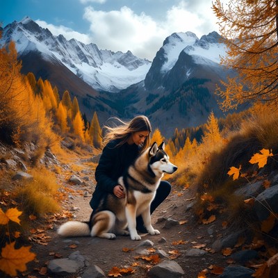 Woman hugging husky in autumn mountains