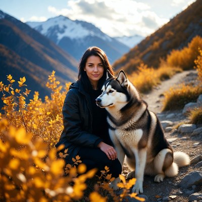 Woman with Husky in Autumn Mountains