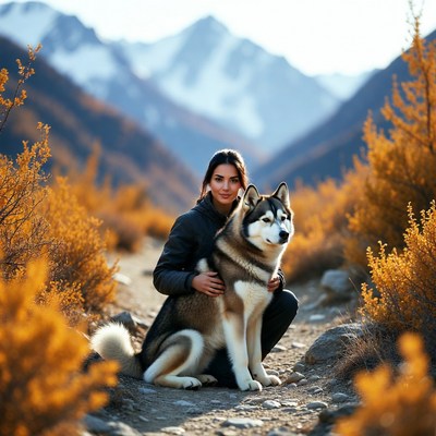 Woman hugging Alaskan Malamute in mountains