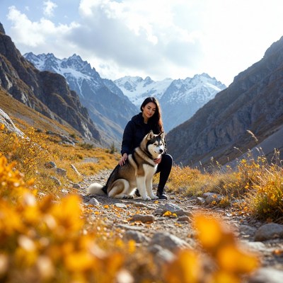 Woman kneeling with husky in mountains
