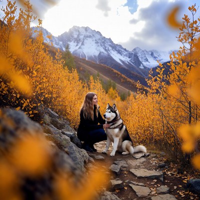 Woman with Husky in Fall Mountains