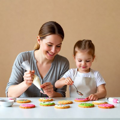 Mother and daughter decorating cookies