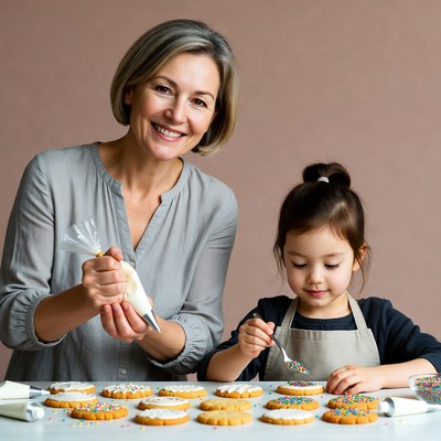 Mother and daughter decorating cookies