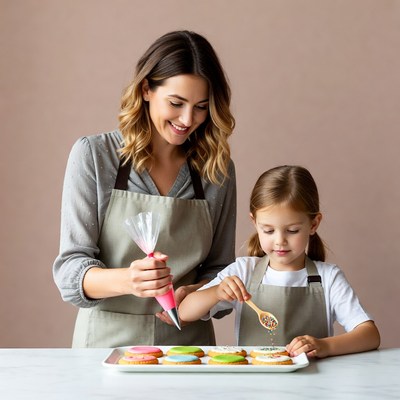 Mother and daughter decorating cookies