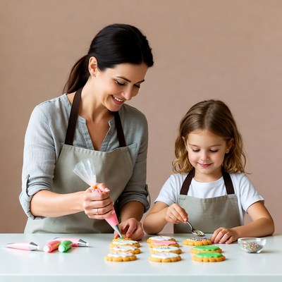 Mother and daughter decorating cookies