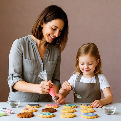 Mother and daughter decorating cookies
