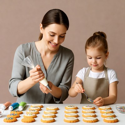 Mother and daughter decorating cookies