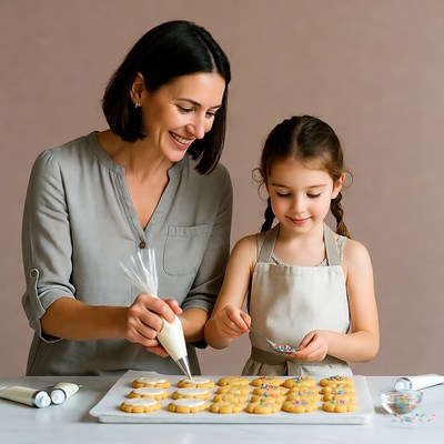 Mother and daughter decorating cookies