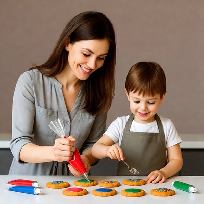 Mother and boy decorating cookies