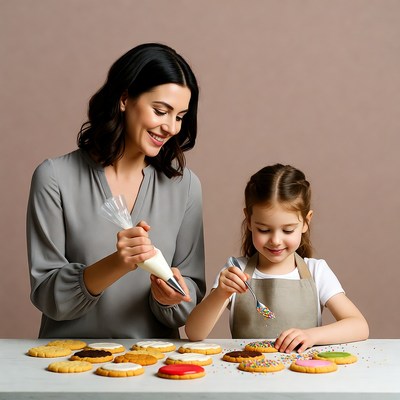 Mother and daughter decorating cookies