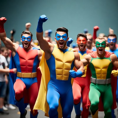 Group of men in superhero costumes cheering