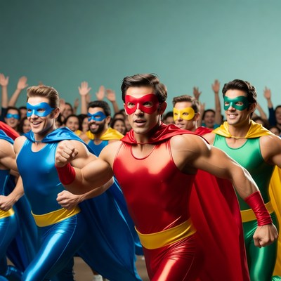 Group of superhero men running