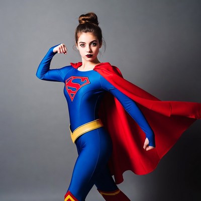 Young woman in Supergirl costume flexing