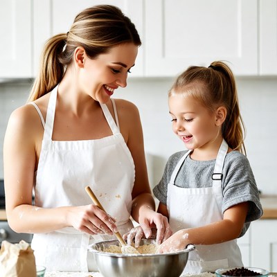 Mother and daughter baking together