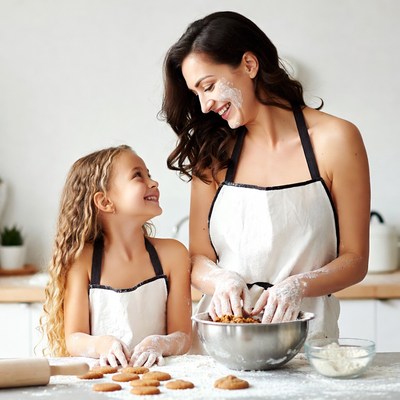 Mother and daughter baking cookies
