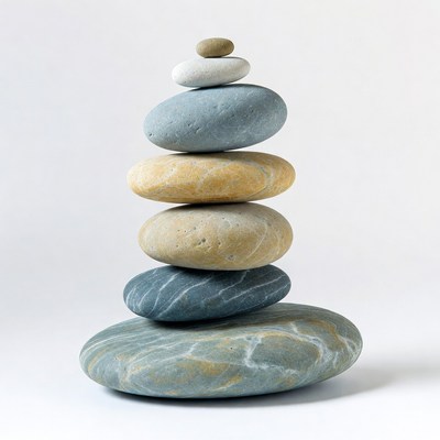 Stacked colorful pebbles on white background