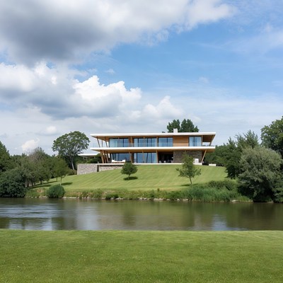 Modern wooden house by river
