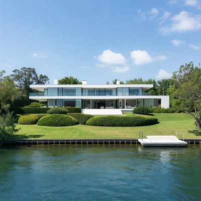 Modern white house by lake