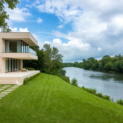 Modern beige house by river
