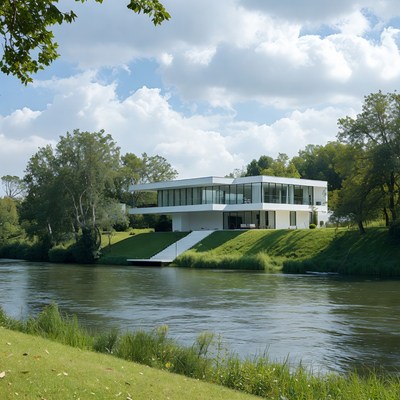 Modern white house by river