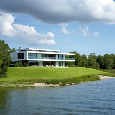 Modern white house by lake