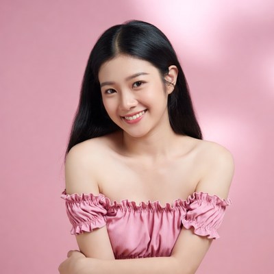 Asian woman smiling in pink off-shoulder top