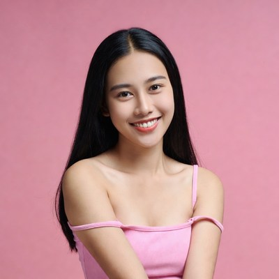 Asian woman smiling in pink top