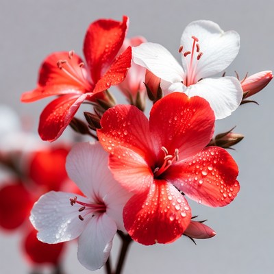 Red and White Geranium Flowers with Dew