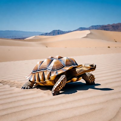 Tortoise walking in desert dunes