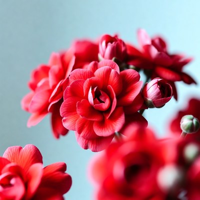 Red Geranium Flowers on Blue Background