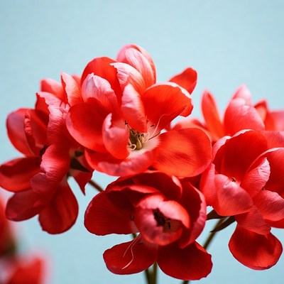 Red Geranium Flowers on Blue Background