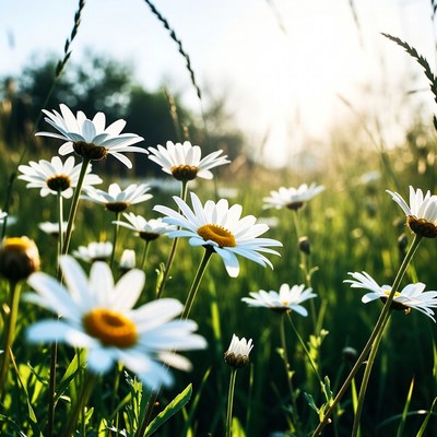 White Daisies in Sunlit Grass Field