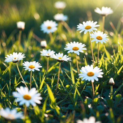 Daisies in green grass field