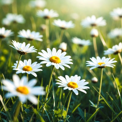 Daisies in green grass field