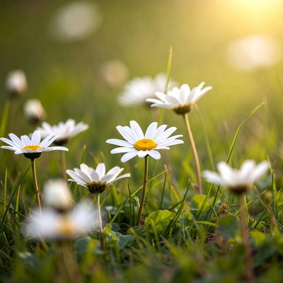 Daisies in green grass field