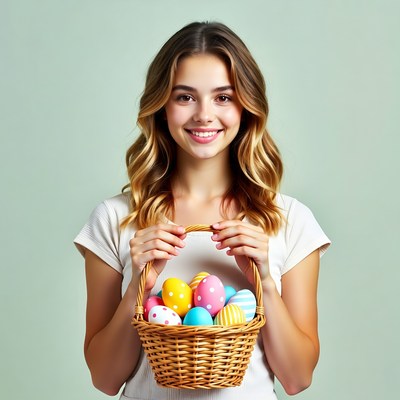 Girl holding colorful Easter eggs basket