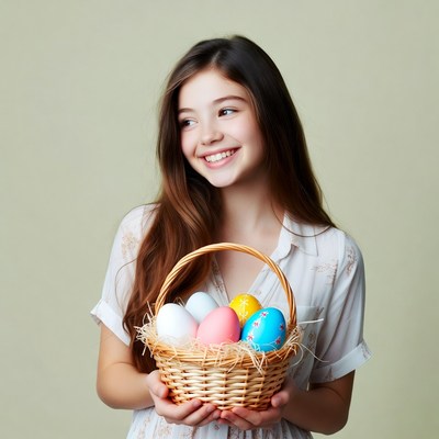 Girl holding Easter basket with eggs