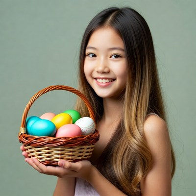 Asian girl holding Easter eggs