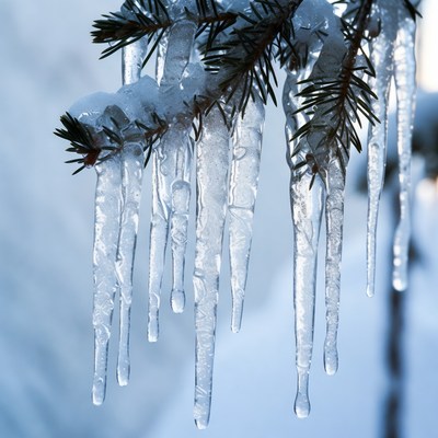 Icy fir branch with icicles