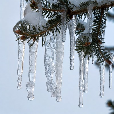Icicles Hanging from Snowy Fir Branch