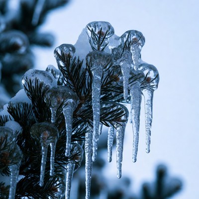 Icicles on Snowy Pine Branches