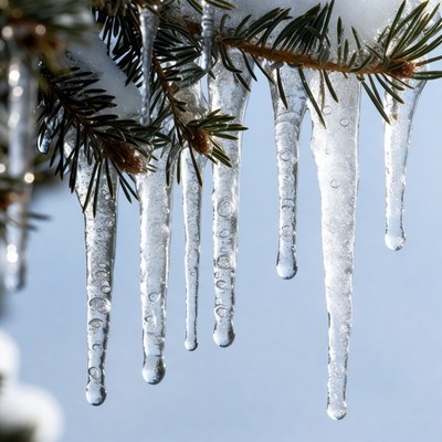 Icicles Hanging from Snowy Pine Branches