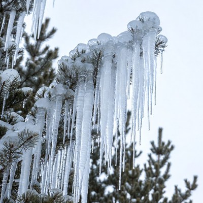 Icicles on Pine Tree Branches