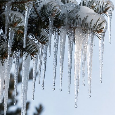 Icicles Hanging from Snowy Pine Branches