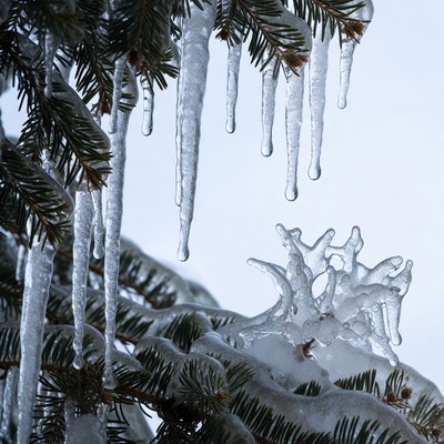 Icicles Hanging from Fir Branches